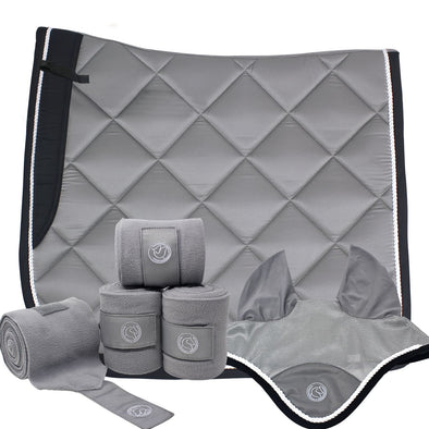 Gray Dressage Bundle with Fly Veil, Polo Wraps and a Dressage saddle pad. Gray in color with semi shiny material.