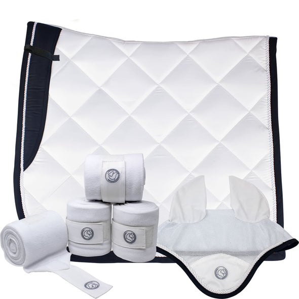 White Dressage Bundle with Fly Veil, Polo Wraps and a Dressage saddle pad. White in color with semi shiny material.