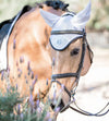 Buckskin arabian quarter horse wearing our white fly bonnet. White Dressage Bundle with Fly Veil, Polo Wraps and a Dressage saddle pad. White in color with semi shiny material.
